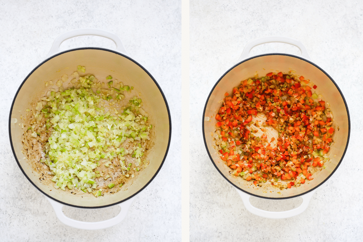 Left: sautéing aromatics. Right: bell pepper, seasonings and tomato paste added to pot.