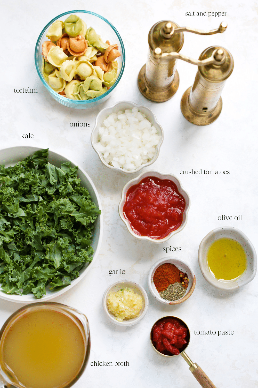 Ingredients for kale tortellini soup.