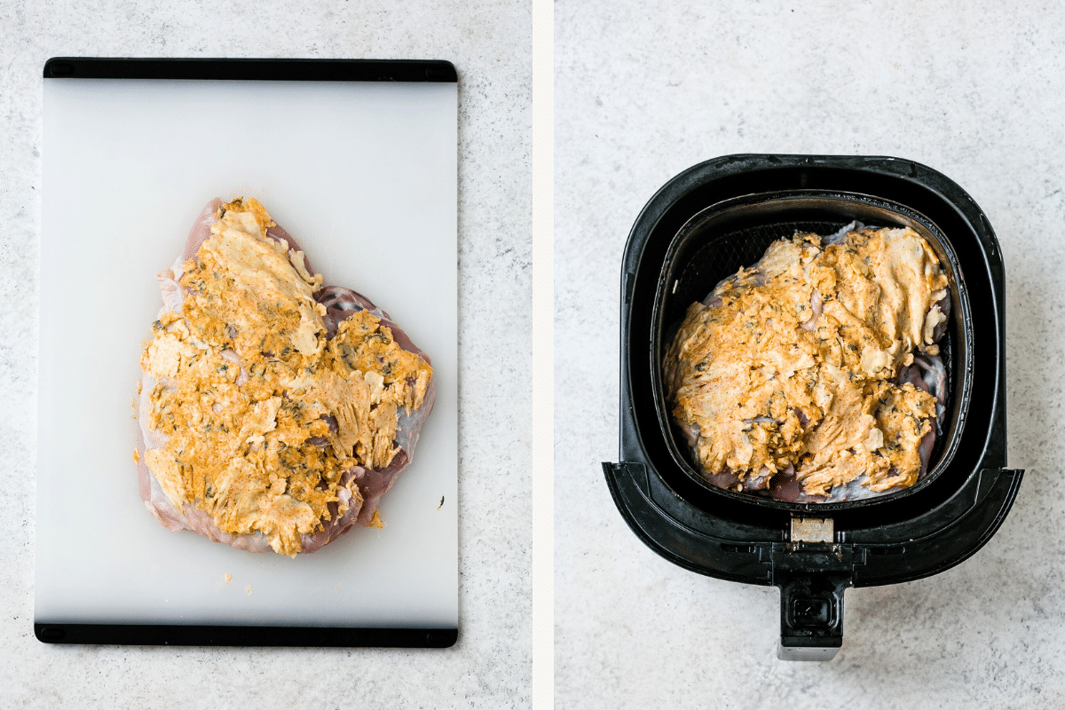 Left: turkey breast covered in butter. Right: prepared turkey breast in air fryer basket. 