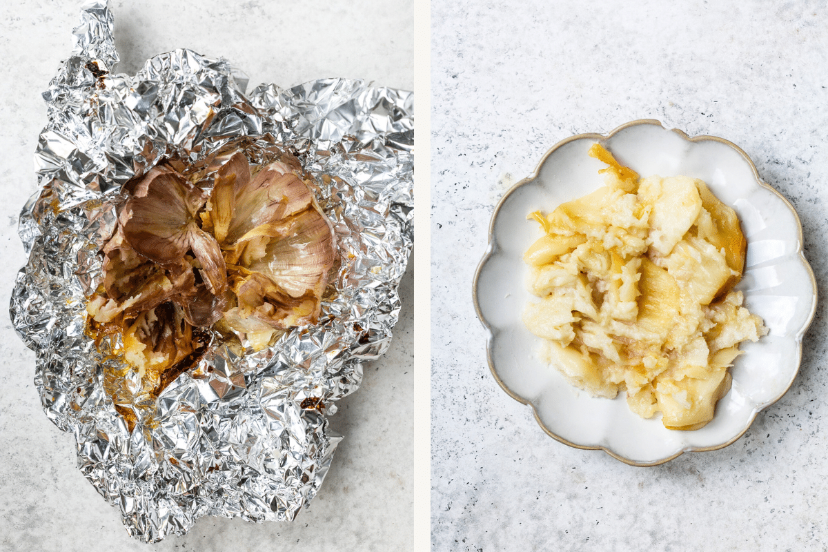 Left: garlic peel in foil. Right: roasted garlic cloves mashed on a plate.