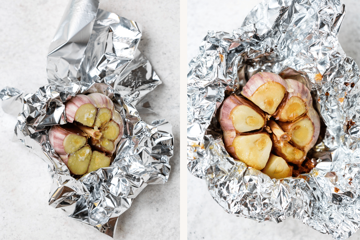 Wrapping head of garlic in foil. 