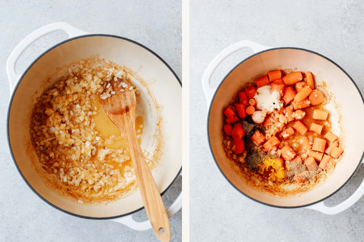 Instructional photos showing onions being cooked and then carrots added to a pot with salt, pepper, curry, corriander, cayenne pepper and garlic powder.