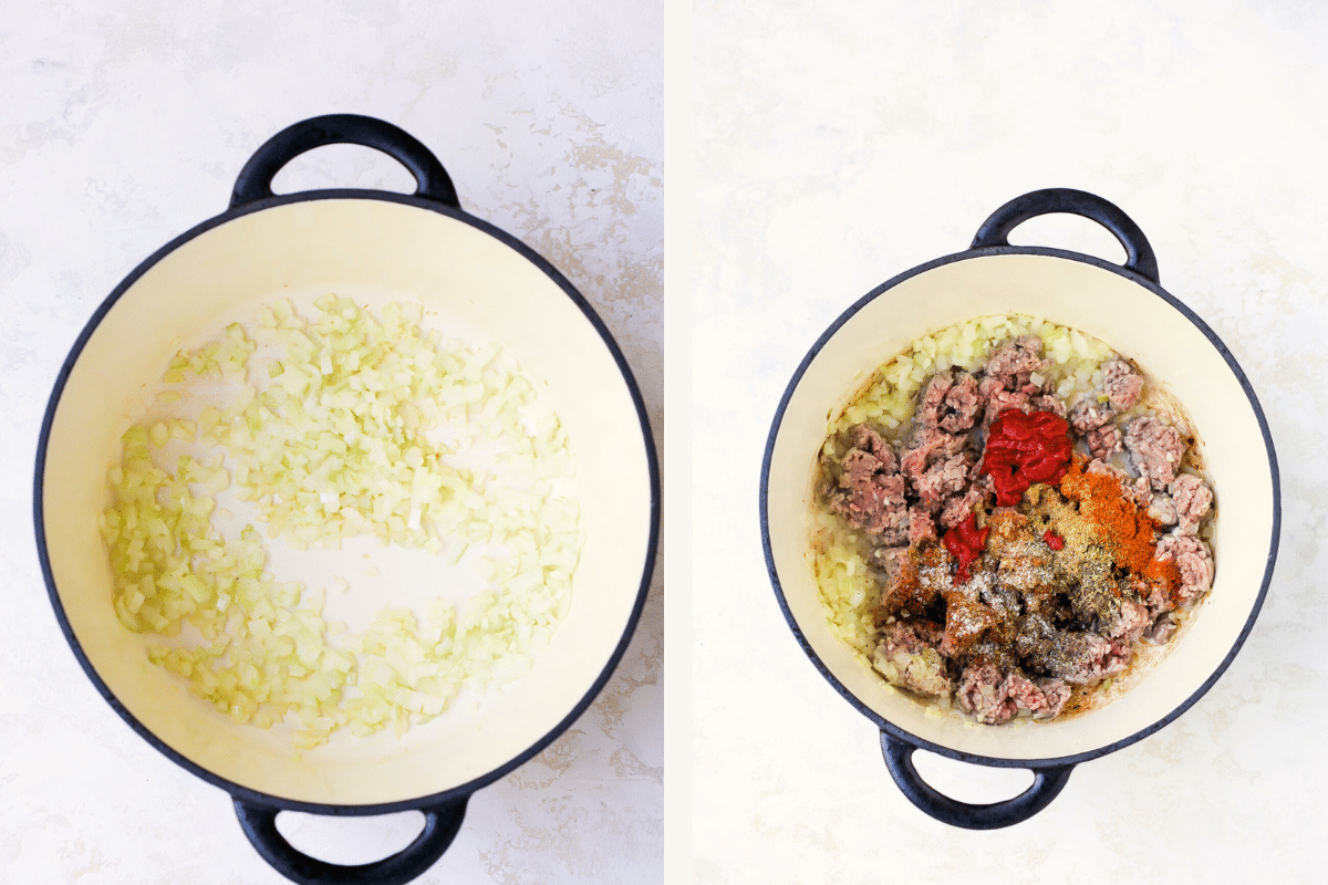 Left: Onions sauteing in a pot. Right: Meat and seasonings added to pot.