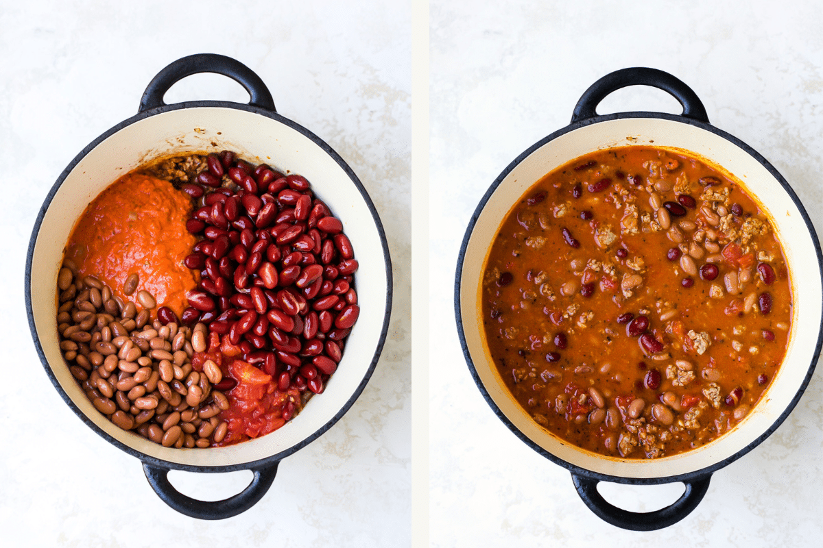 Left: Beans and tomatoes added to pot. Right: Broth added to chili. 