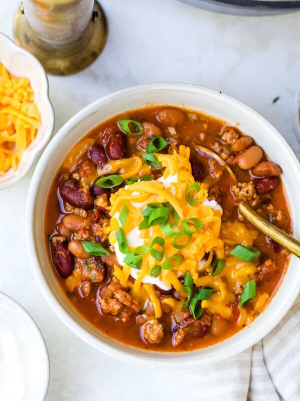 overhead view of a white bowl with classic chili recipe
