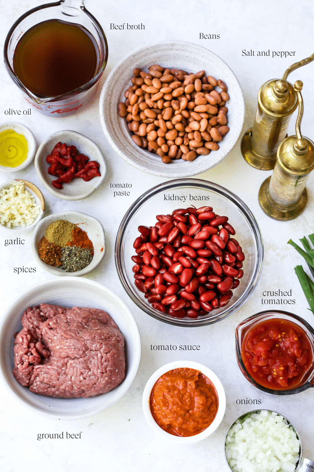 Ingredients laid out on a countertop to make Classic Chili Recipe.