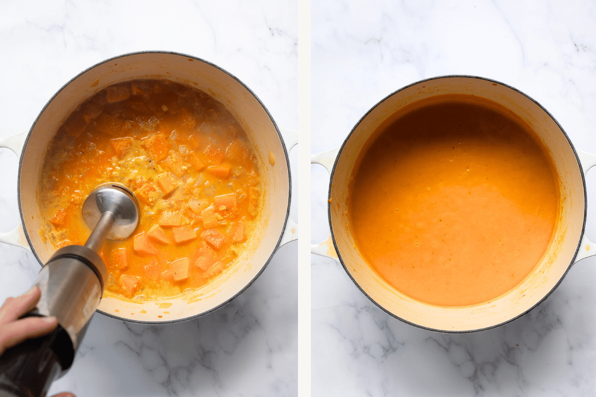 Left: immersion blender puréeing ingredients. Right: Blended soup in pot.