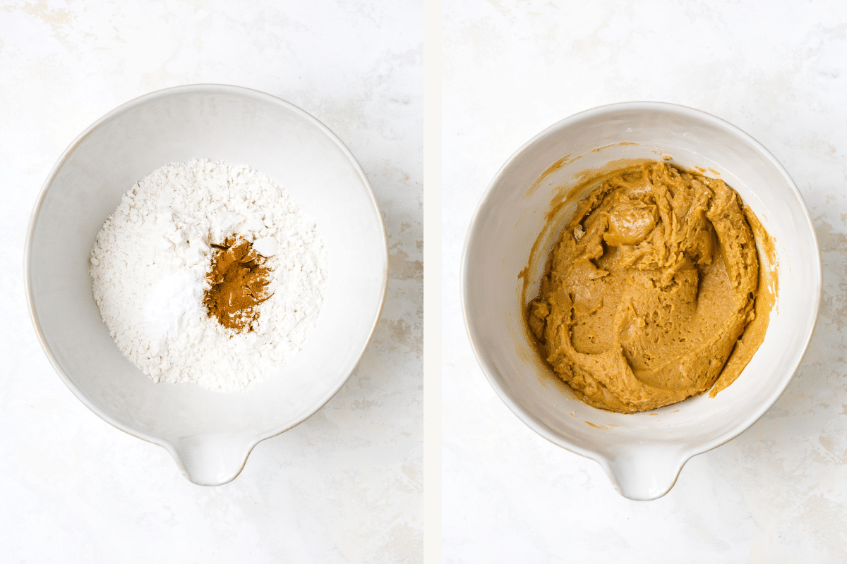 Left: Flour, cinnamon, and baking powder in a bowl. Right: Wet and dry ingredients mixed. 