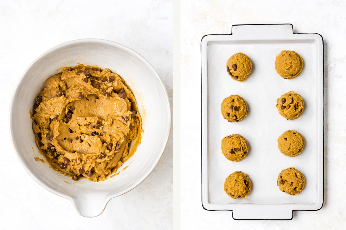 Left: Cookie batter with chocolate chips added. Right: Cookies scooped onto baking tray. 