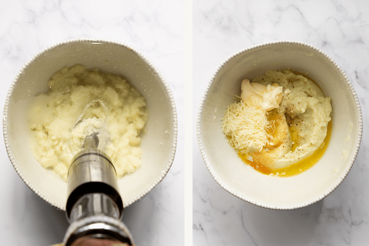 Left: pureeing cauliflower. Right: mayo, butter and seasonings added to cauliflower. 