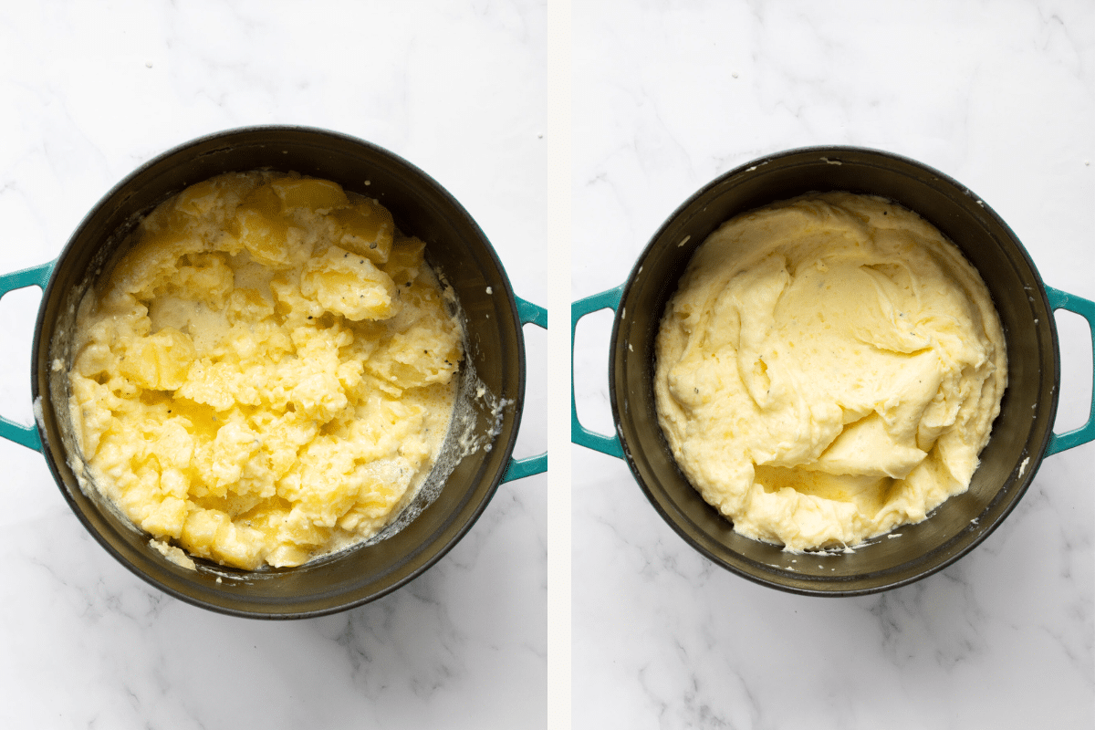 right: mashed potatoes. Left: creamy mashed potatoes in a pot. 