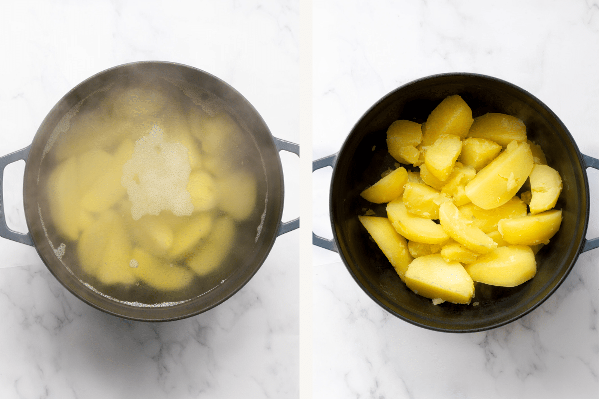 right: boiled potatoes in a pot with water. Left: drained potatoes in a pot. 