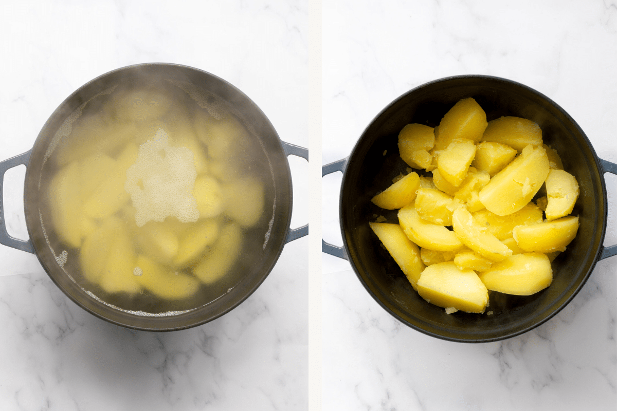 right: boiled potatoes in a pot with water. Left: drained potatoes in a pot.