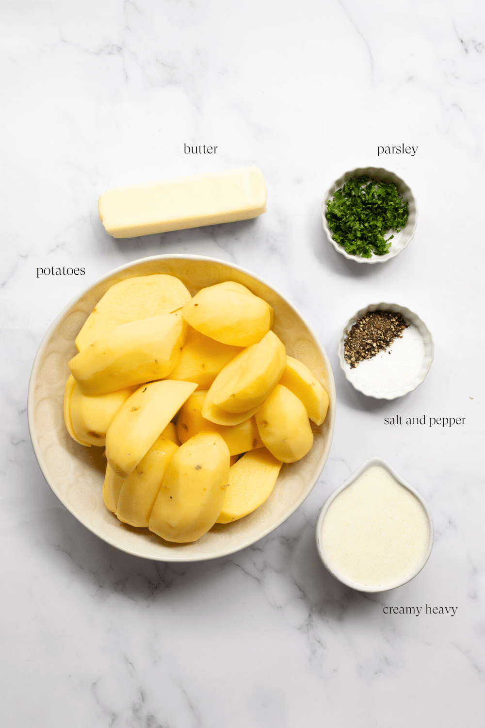 Overhead image of ingredients for mashed potatoes. 