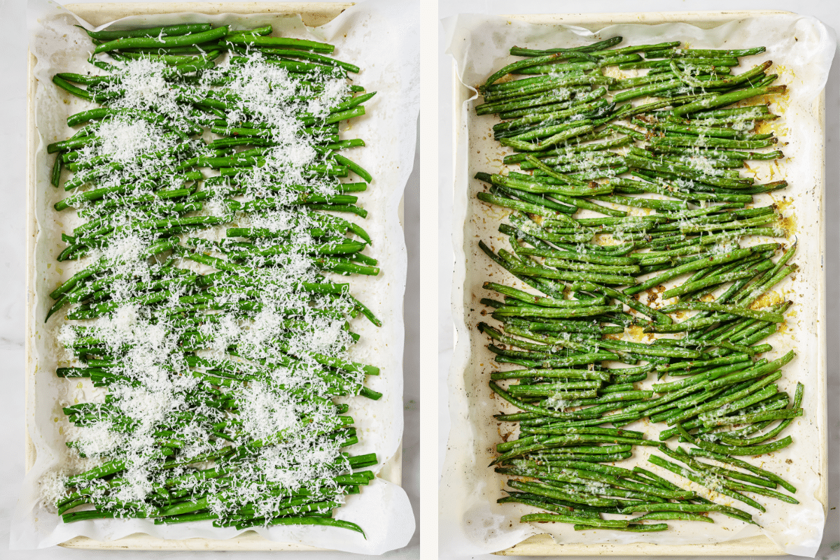 Left: Parmesan cheese added to green beans. Right: Roasted green beans on a baking sheet. 
