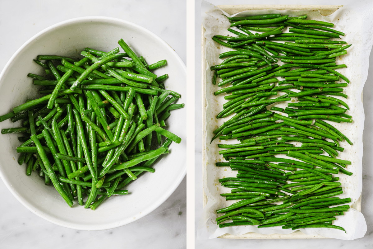 Left: Seasoned green beans in a bowl. Right: Green beans on a baking sheet. 