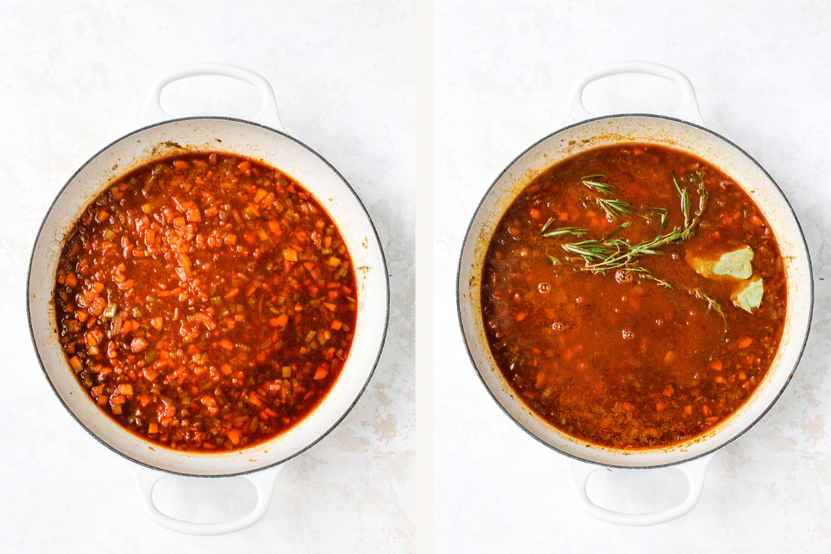 Left: Dutch oven with tomato, wine, and broth added to vegetables. Right: herbs added to pot. 