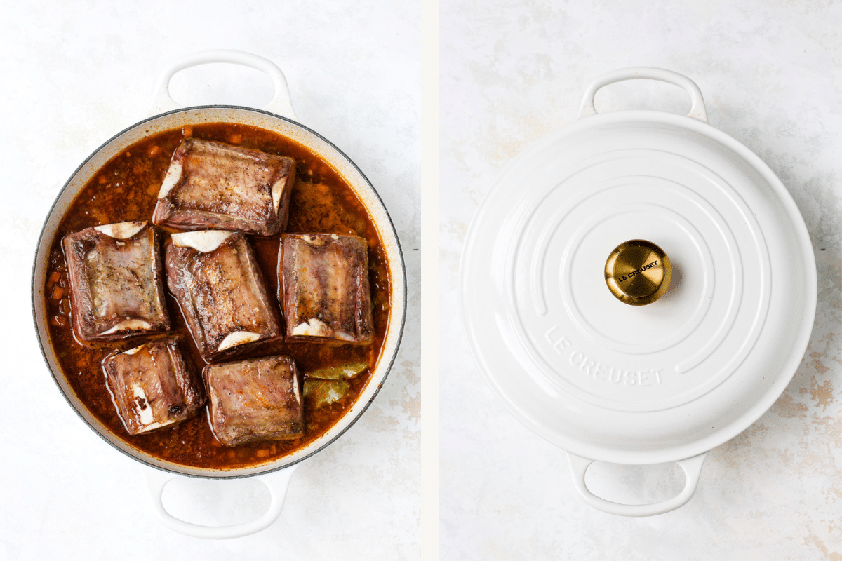 Left: Seared short ribs in the Dutch oven. Right: covered Dutch oven.