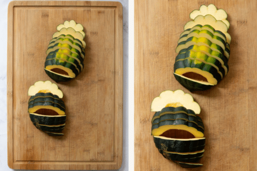 sliced acorn squash on a wooden board.