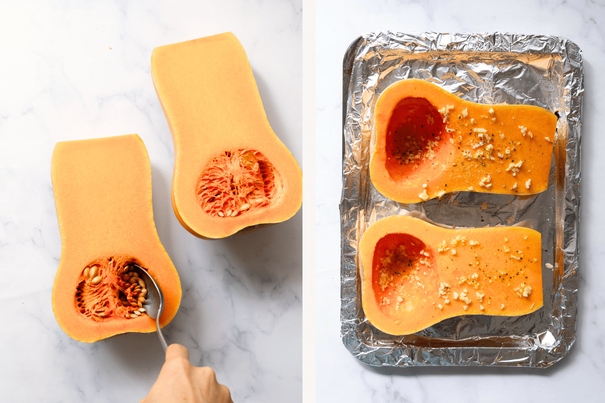 right:  scoop out the seeds of butternut squash. left: butternut squash in a baking sheet with olive oil and garlic. 