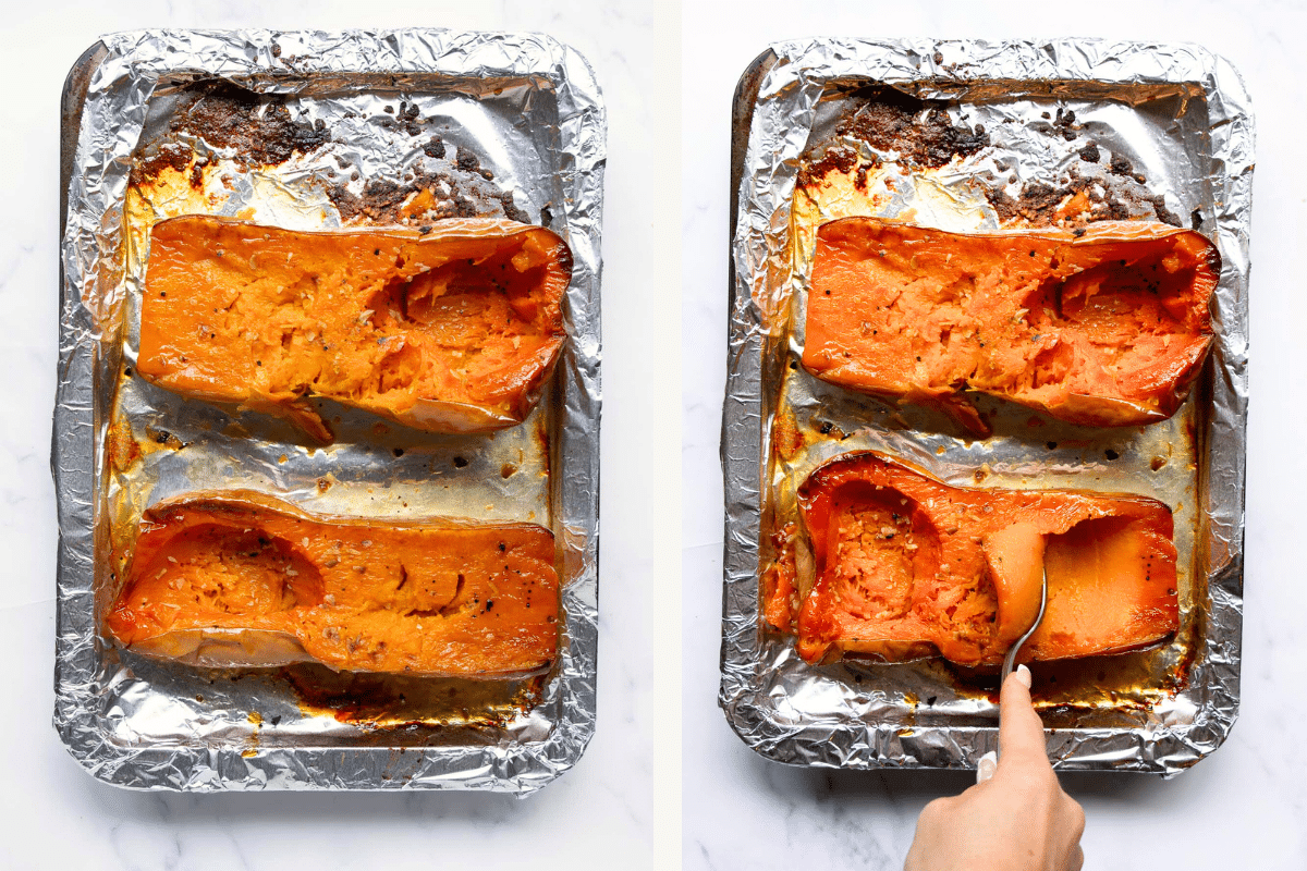 roasted butternut squash on a baking sheet