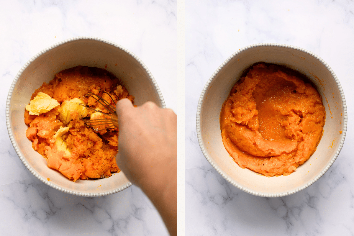 right: mashed butternut squash with butter. Left mashed butternut squash in a bowl on a countertop. 