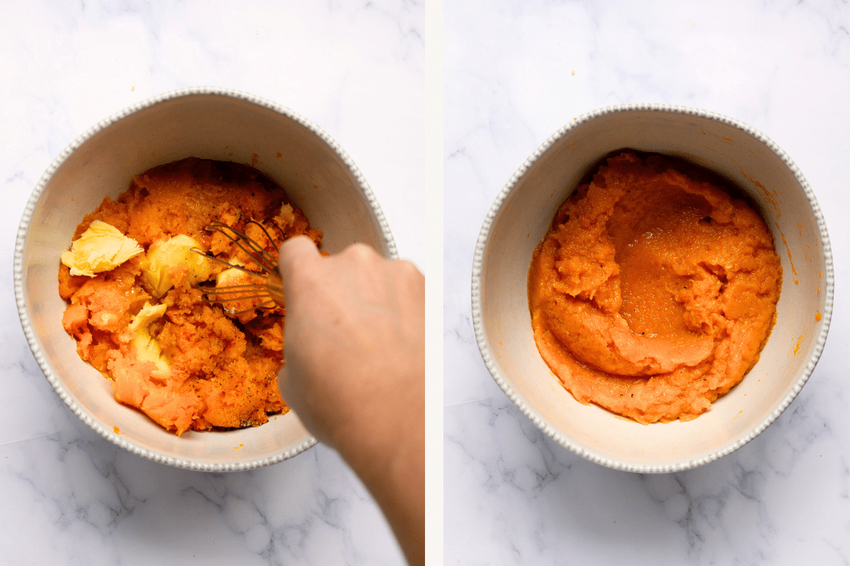 right: mashed butternut squash with butter. Left mashed butternut squash in a bowl on a countertop.