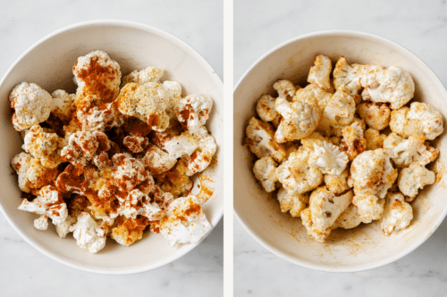 set of photos showing seasoned raw cauliflower florets in a white bowl.
