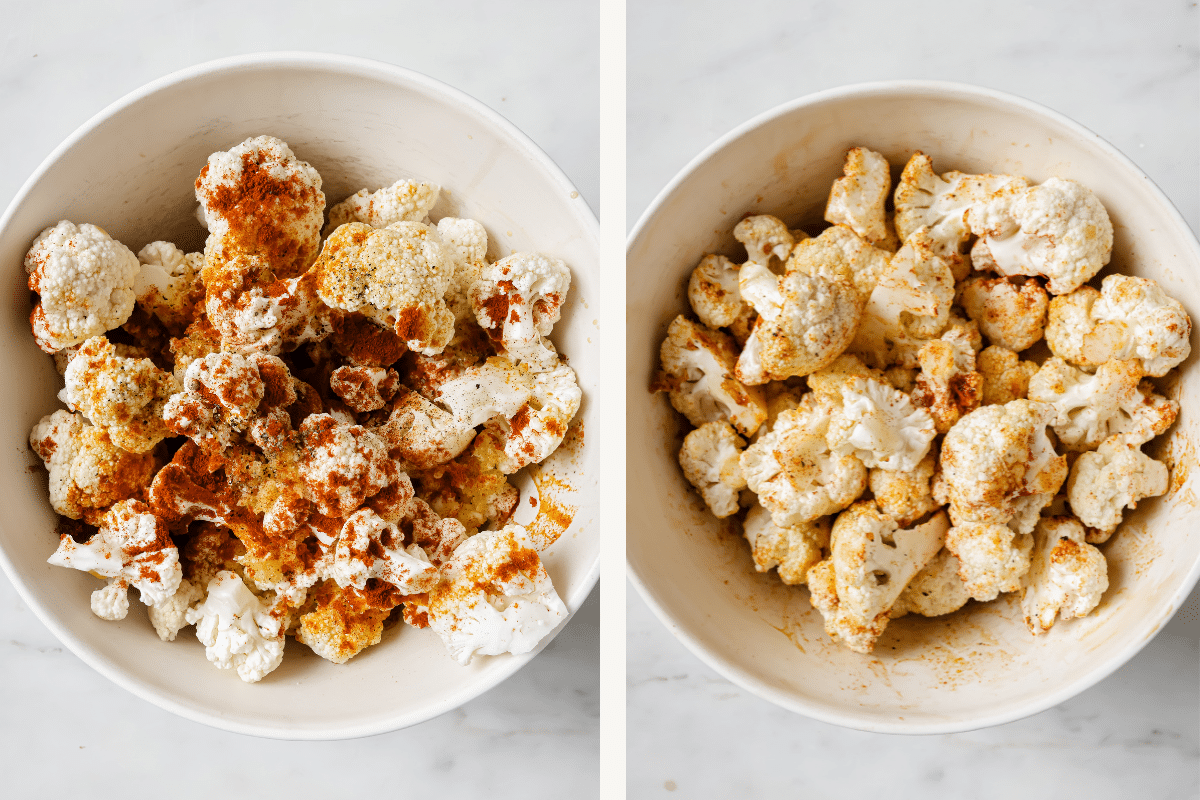 Left: Cauliflower in a bowl with spices added. Right: Cauliflower and spices mixed together.   