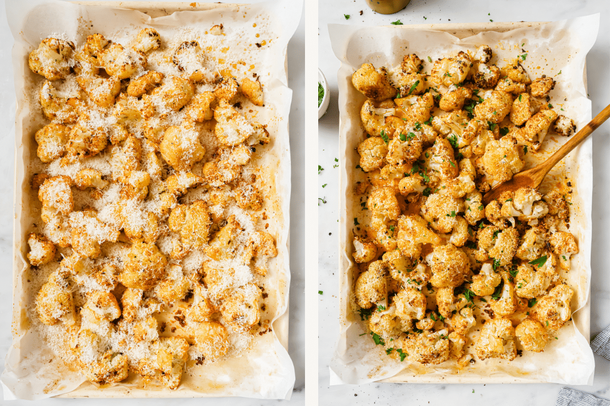 Left: Parmesan cheese added to cauliflower. Right: Roasted cauliflower on baking sheet.