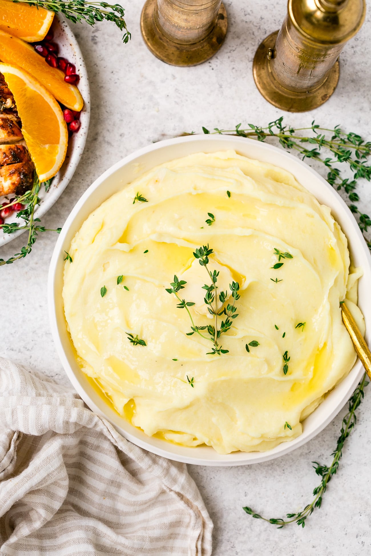 Roasted garlic mashed potatoes in a serving dish. 