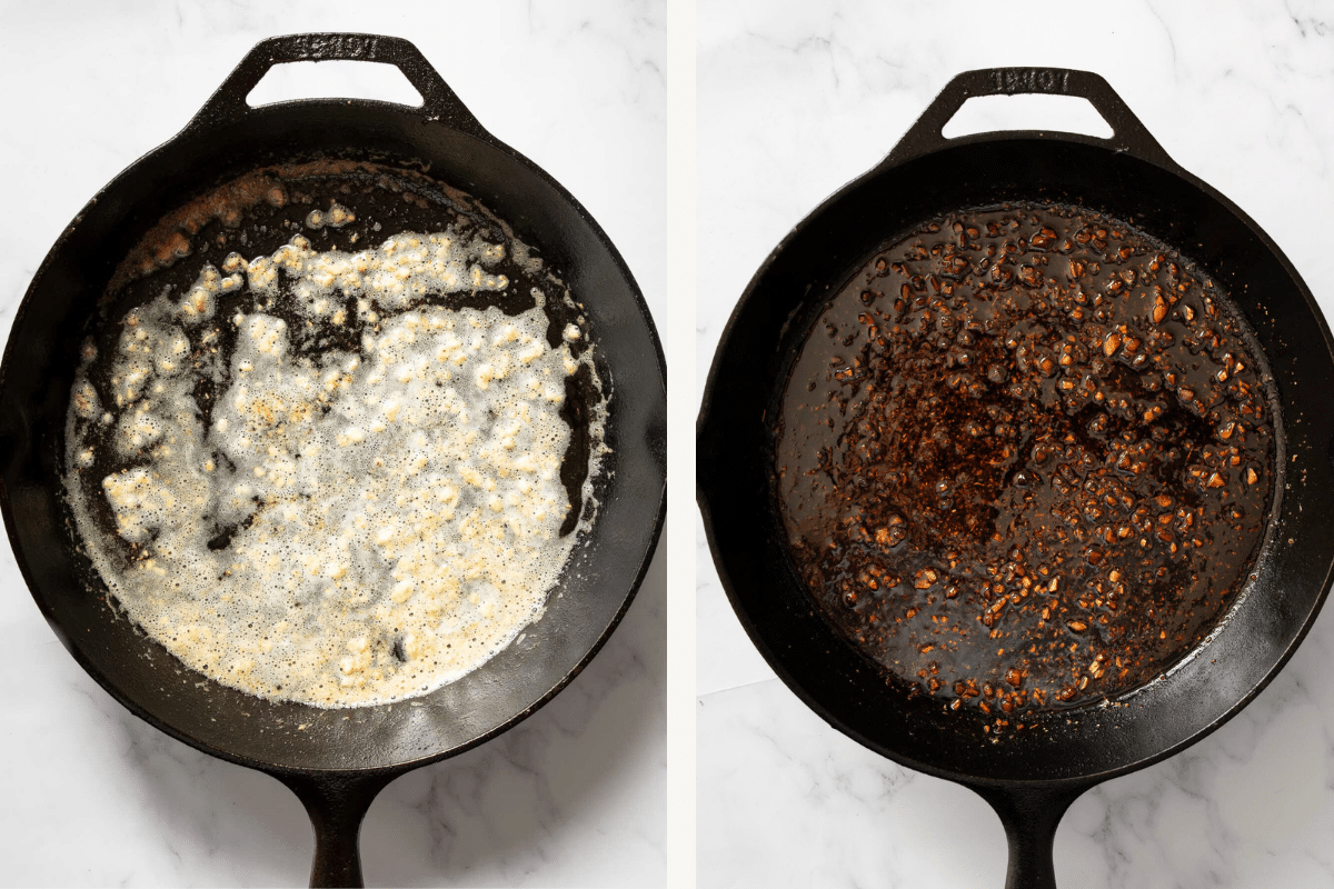 right: sauteed onions with butter. Left: balsamic with dried herbs in a cast iron.