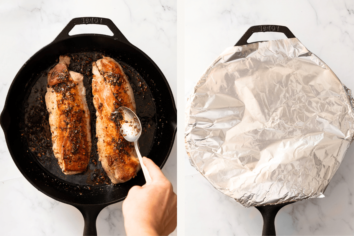right: seared pork tenderloin in a cast iron skillet. left: foil covered the skillet.  