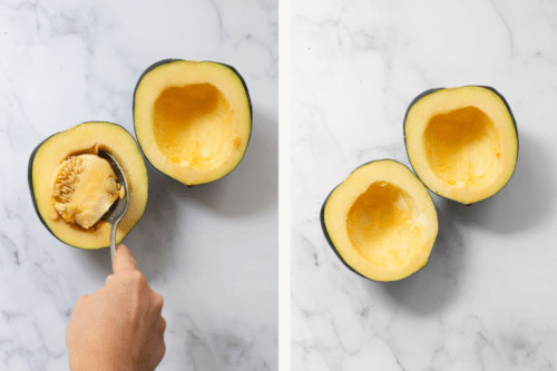 Left: a spoon removing seeds from the acorn squash. Right: seasoned raw squash