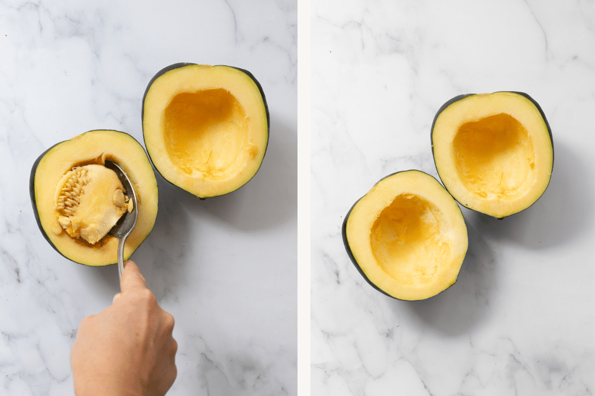 Acorn squash cut in half. A hand of someone scooping the seeds.