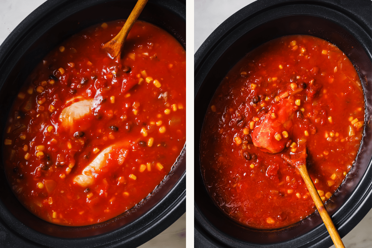 Left: Chicken chili ingredients added to slow cooker. Right: Ingredients stirred together. 