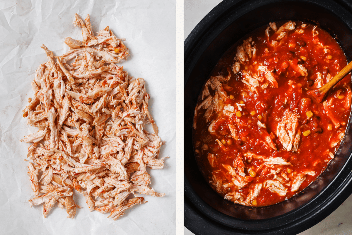 Left: shredded chicken. Right: shredded chicken added to slow cooker. 