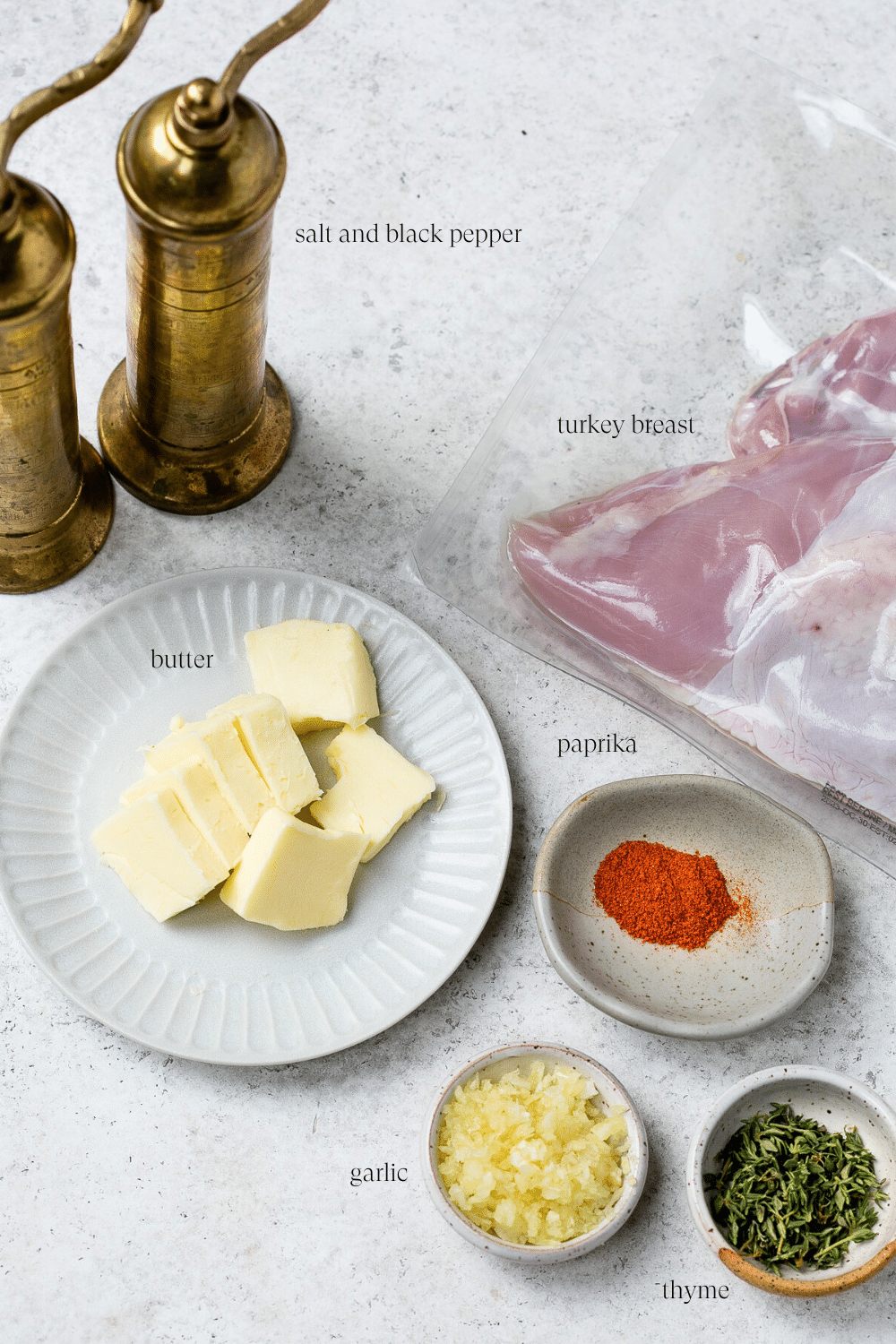 Ingredients for air fryer turkey arranged on a countertop. 