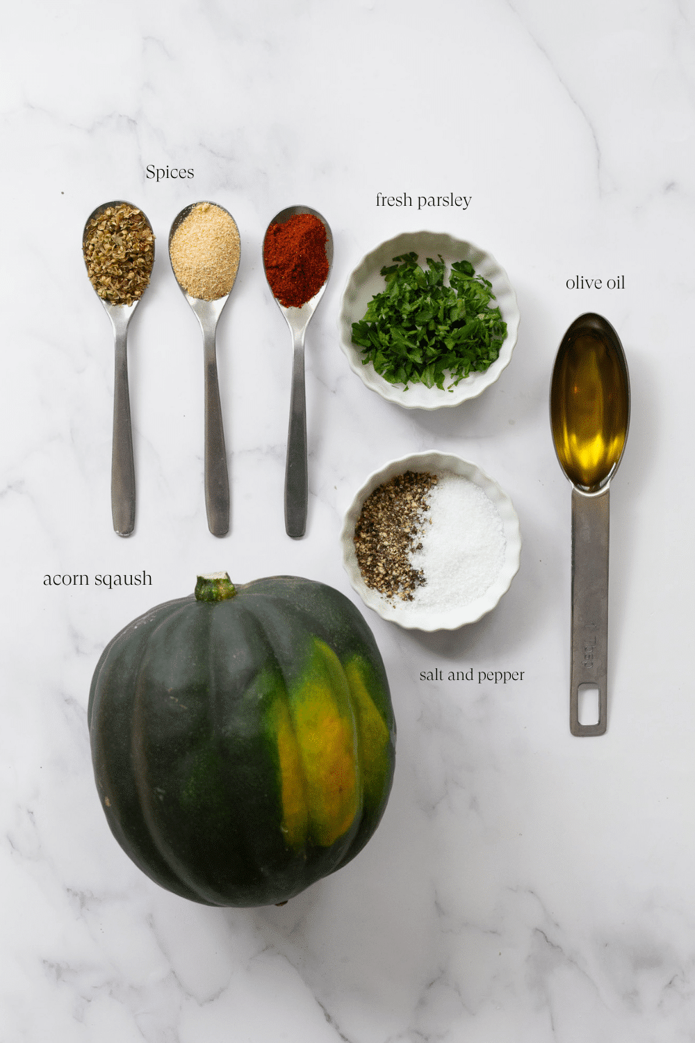 ingredients on the countertop to make roasted acorn squash 