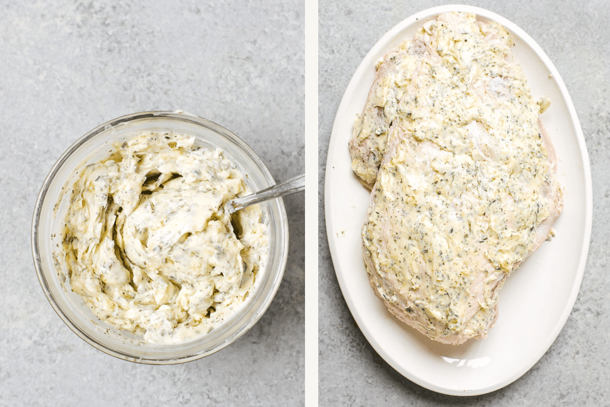 left: butter mixture in a small glass bowl. right: raw turkey breast with butter mixture on top