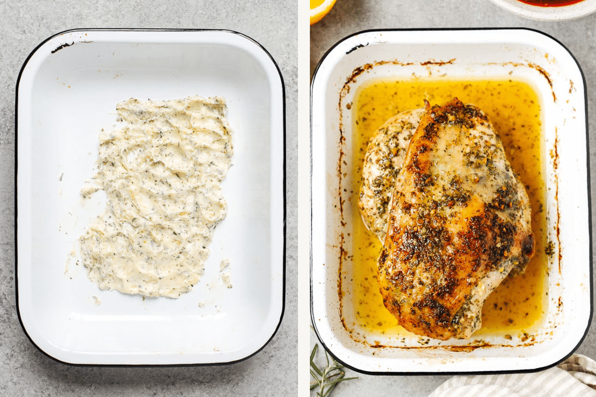 baked turkey breast in a white casserole