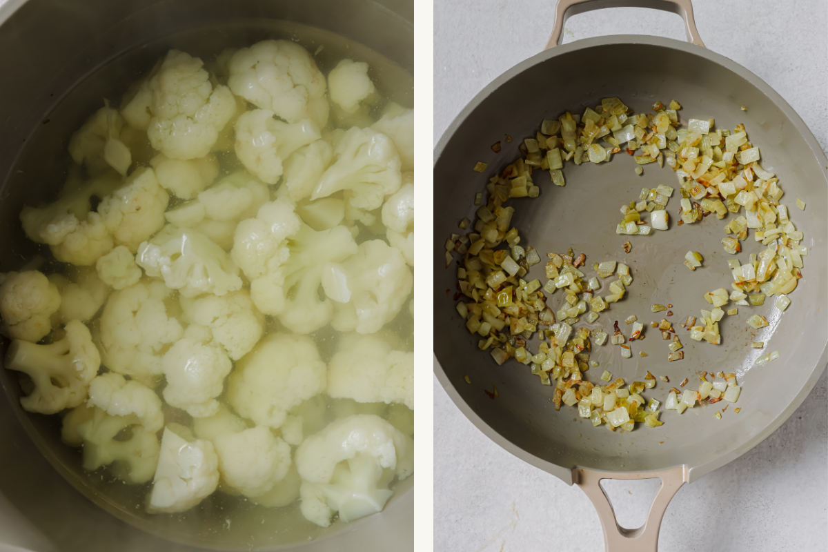 Left: cauliflower cooking in a pot. Right: cooked onions in a skillet. 
