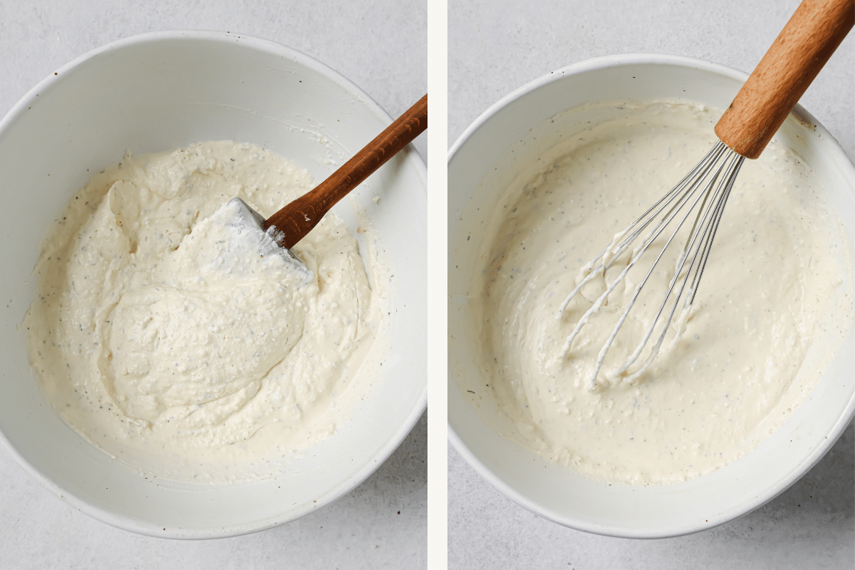 Left: cheese sauce ingredients in a bowl. Right: cheese sauce whisked together in a bowl.