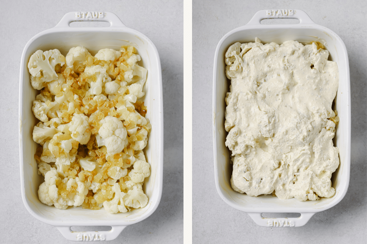 Left: cauliflower and onion in a baking dish. Right: cheese sauce poured on top of vegetables.