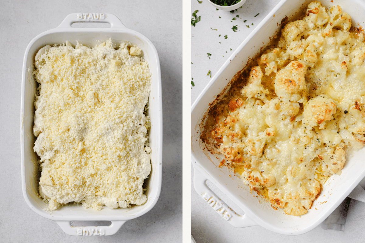 Left: assembled cauliflower au gratin. Right: baked cauliflower au gratin.