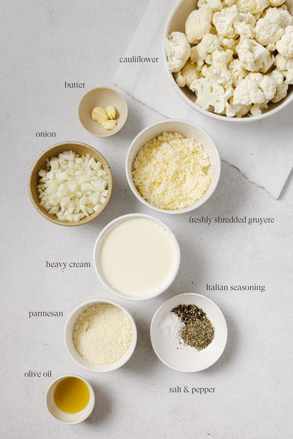 Pre-measured ingredients for cauliflower au gratin. 