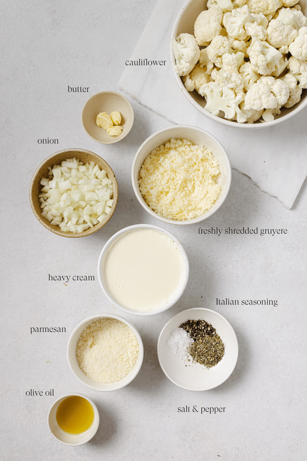 Pre-measured ingredients for cauliflower au gratin.