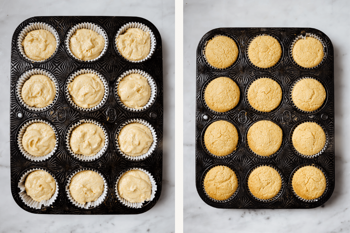 left: cornbread raw batter in muffin tins. right: baked cornbread muffins in a muffin tin. 