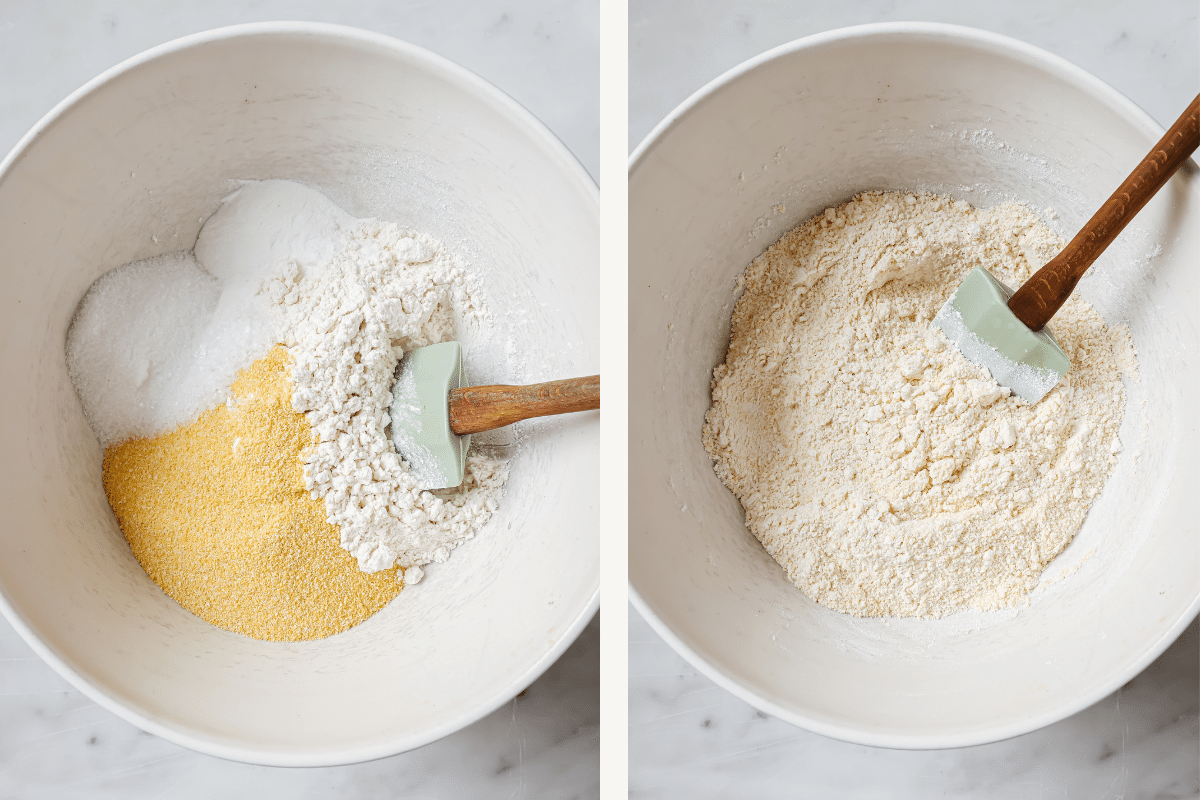 Left: dry ingredients in a bowl. Right: dry ingredients mixed together. 