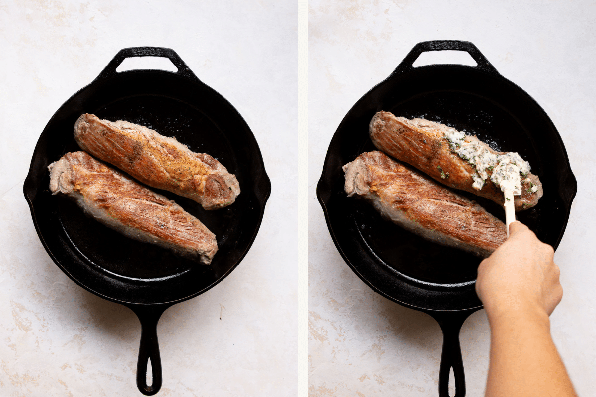 left: seared pork tenderloin. right seared pork tenderloin with garlic butter. 